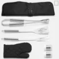 Stainless steel BBQ grilling tools set detail, tongs spatula fork and storage bag. - Small Handle Grilling Tools