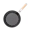 Round BBQ grill pan with folding wooden handle nonstick outdoor cooking cookware tool - 50.5x30.5x3.8cm