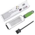 Stainless steel lemon zester and cheese grater with ergonomic handle and cleaning brush. - Color Box with Brush / Green