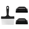 Stainless steel BBQ grill scraper and cleaning sponge brush set for outdoor cooking tools - 1 Scraper & 2 Cleaning Brushes Set