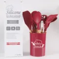 Juego de utensilios de cocina de silicona con mangos de madera, 11 piezas con caja de almacenamiento. - Juego de 11 Piezas / Castaño