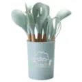 Silicone kitchen utensil set with wooden handles and storage holder for daily home cooking. - Set (With Storage Bucket)