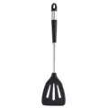 Black silicone slotted spatula with stainless steel handle, heat resistant kitchen cooking tool. - Slotted Spatula / Black