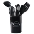 Juego de utensilios de cocina de silicona negra con soporte, herramientas resistentes al calor. - Negro
