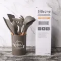 Brown silicone kitchen utensils 11-piece set with wooden handle and storage bucket. - Set with Color Box