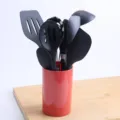 Set di utensili da cucina in silicone con supporto rosso, spatola antiaderente cucchiaio zuppa. - Set / Nero