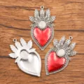 Retro Gothic heart wing alloy pendant, antique silver red enamel jewelry DIY accessory. - Sacred Heart Flame Charm (27H4-5) / 35x59mm