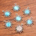 Breloques pendentifs en alliage métallique tournesol DIY avec sertissages cabochons ronds bleus. - 1 Pièce / Bleu argent antique