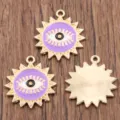Evil eye sun enamel alloy pendant charm detail shot, 19x21mm DIY jewelry accessory crafting. - Purple