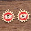 Detailed shot of gold tone alloy Turkish evil eye sun shape drop pendant DIY jewelry making - Red