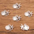 DIY seashell starfish metal charms set for handmade jewelry bracelets necklaces crafting - Shell and Starfish Connector (No. 5) / 14x18mm / Antique Silver