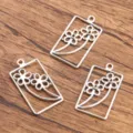 Silver flower rectangle metal charm pendant DIY jewelry making craft accessory 3pcs - No. 25 Floral Hollow Pendant (3EF) / 1 Piece (19x34mm) / Antique Silver