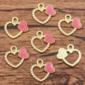 Gold heart DIY jewelry charms with pink glitter, metal alloy pendant accessories for crafting. - Heart Style 1 / 18x18mm / Pink