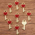 Heart key alloy charms set, red glitter enamel pendant for DIY jewelry making and accessories. - Style 2 Heart Key / 7x16mm / Red