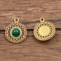 Edelstahl Naturstein Anhänger rund DIY Halskette Ohrring Schmuck Zubehör Accessoire. - Runder Sonnenblumenstil / 1 Stück (15x18mm) / Dunkelgrün