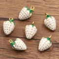Weißer und goldener Erdbeeren Emaille Anhänger, 304 Edelstahl DIY Schmuckherstellung. - 3D Erdbeere (Nr. 6) / 1 Stück/Packung (10x16mm) / Weiß