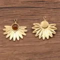 Edelstahl Fächer förmiger Naturstein Anhänger Charm DIY Halskette Ohrring Schmuck Zubehör - Fächerförmiger Sonnenstrahl-Stil / 1 Stück/Packung (23x24mm) / Katzenaugen-Farbe