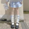 Sweet winter knit JK leg warmers with cute blue ribbon bows, stylish Lolita fashion accessory. - One Size / 97-Striped White-Blue Ribbon