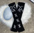 Black knit leg warmers for women, featuring cute checkered bow tie straps. Perfect JK Lolita style. - One Size / 97-Striped Black-Black Band