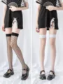 Japanese style over-the-knee fishnet stockings for women, breathable lace thigh highs. - One Size / White and Black 2 Pairs