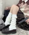 White Lolita plush leg warmers with cute hairballs, cozy JK socks for autumn and winter. - One Size / White Ball Fringe
