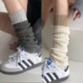 Knitted leg warmers for women, color block ribbed slouch socks for autumn winter outfit. - One Size / Dark and Light Grey + Beige Coffee