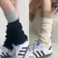 Knitted color block leg warmers for women, cozy winter calf socks, stylish warm boot cuffs. - One Size / Black Grey + Beige Coffee