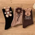Süße 3D Bär Plüsch Baumwolle Socken Damen Herbst Winter warme Kawaii Strümpfe neu - Blume & Schwarzer Bär