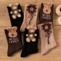 Korean style cute 3D bear and flower embroidered cotton mid-tube socks for women autumn winter. - 6 Pairs/Pack / Mixed Colors