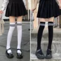 Japanese JK style pleated skirt with classic two-stripe knee-high socks, variant color options. - One Size / Black Over-the-Knee + White Over-the-Knee