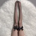 Sexy schwarze Netzstrümpfe für Damen, oberschenkelhohe Netzstrümpfe mit Schleife. - Einheitsgröße / Schwarz Schleife