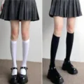 Calcetines de pantorrilla de color solido japones para mujeres, calcetines tubulares finos - Talla única / Blanco + Negro
