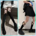 Japanische schwarze Kniestrümpfe mit Schleife und Kreuzriemen für Damen JK Mode Strumpf - Einheitsgröße / Lange Ausführung Schwarz & kurze Ausführung Schwarz