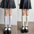 Japanese white mid-calf socks for women, sheer velvet preppy style JK long socks variant. - One Size / White + Beige