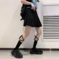 Schwarze japanische Schnür-Wadenstrümpfe für Damen JK süßer Streetwear Modestil design - Einheitsgröße / Mittleres Rohr Schwarz