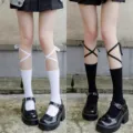 Japanese style cross ribbon mid-calf socks for women sweet cool JK style black white socks - One Size / Crew Socks - Black + White