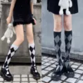 Chaussettes hautes classiques a motif argyle pour femme, style preppy retro chaussettes. - Taille unique / Blanc + Gris