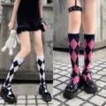 Chaussettes Hautes Argyle Femme Style Collège JK Motif Losanges Chaussettes Mollet Noir - Taille unique / Blanc & Rose