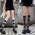 Chaussettes hautes à losanges JK femme, style collège britannique rétro chaussettes mollet. - Taille unique / Blanc Et Café