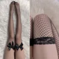 Black fishnet over-the-knee stockings with cute bow and lace top variant for women. - One Size / Bow Black + Lace Edge Black