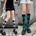 Chaussettes hautes argyle femme style college retro chaussettes mollet variantes - Taille unique / Blanc et Vert