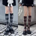 Chaussettes hautes losanges rétro femme style preppy JK chaussettes longues variante automne. - Taille unique / Gris Et Café
