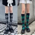 Chaussettes hautes Argyle pour femmes, style britannique rétro, chaussettes collège, variante. - Taille unique / Gris + Vert