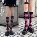 Chaussettes hautes argyle pour femmes, style collège britannique retro chaussettes JK. - Taille unique / Rose + Café