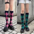 Chaussettes mi-mollet à motif écossais rétro pour femme, style collège JK tendance. - Taille unique / Rose Et Vert