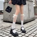 Lolita white calf socks with mesh splicing and ribbon bows, cute Japanese JK style hosiery detail. - One Size / White