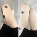 Sheer white tights featuring charming blue butterfly prints, trendy sweet style leg wear. - One Size / White And Skin Tone