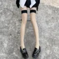 Skin-colored over-the-knee thigh high stockings with black top band and platform shoes. - One Size / Nude Sheer with Black Trim