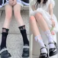 Lolita sheer velvet bow ruffled mid-calf socks sweet cute Japanese JK style hosiery variant. - One Size / Ankle Socks Black & White