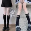 Cute Lolita black sheer bow lace mid-calf socks for sweet girl sweet JK style hosiery. - One Size / Black Crew & Ankle Socks